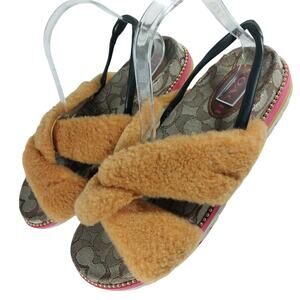 COACH! TAN & BROWN MONOGRAM W/FLUFFY ORANGE CRISS CROSS STRAPS SANDALS! SZ 9.5M